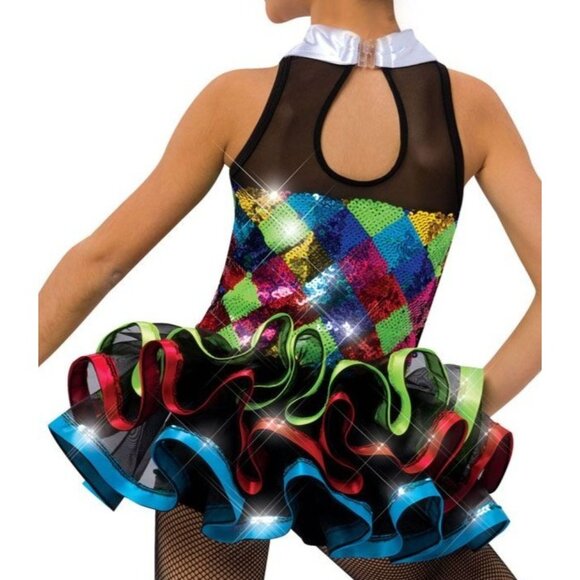 Girls Sequin Harlequin Dance Costume Ruffle Tutu Sequin Bowtie Broadway Star ISC - Picture 7 of 11